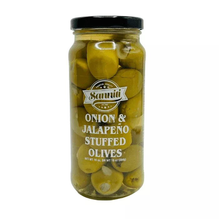 [Best Before: 08/30/2026] Sanniti Jalapeno & Onion Stuffed Olives, Net Weight 16 oz - Drained Weight 10 oz